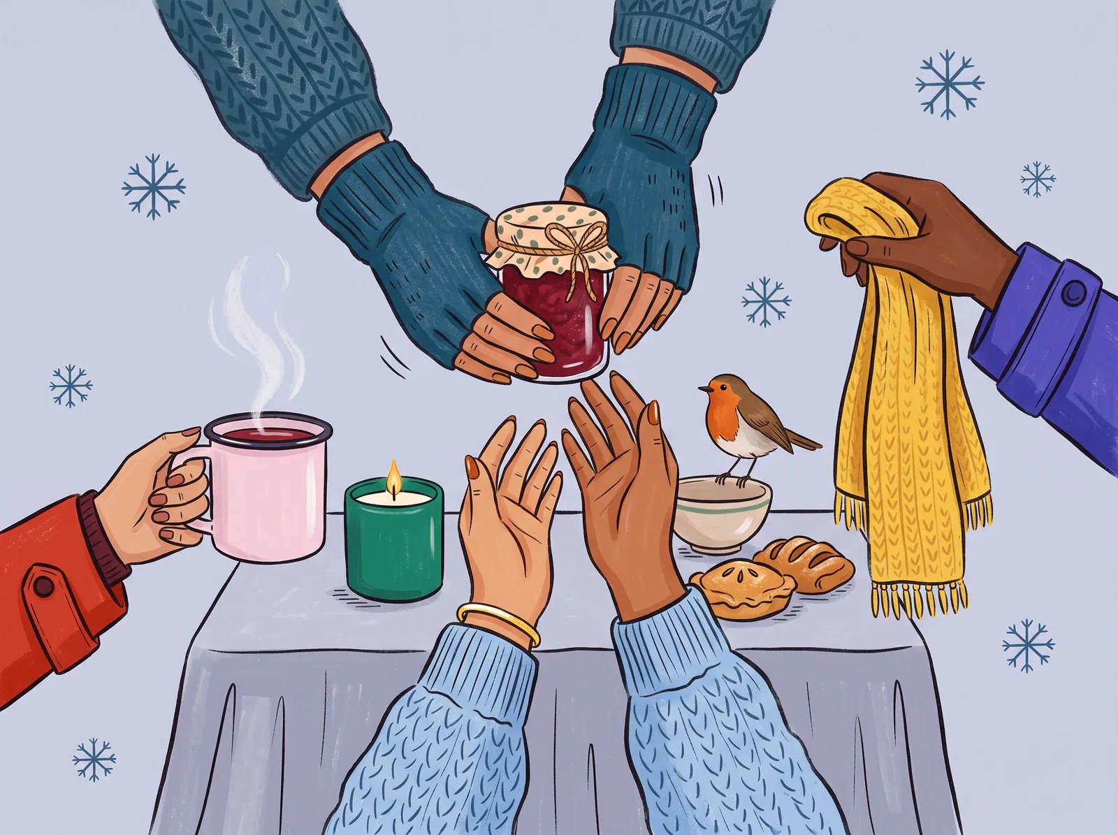 Illustration: Hände reichen über einen Marktstand ein Glas Marmelade weiter, dazu Punsch, Kerze und ein Rotkehlchen.