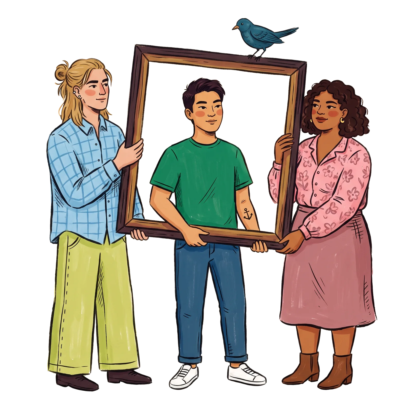 Illustration: three people align a large picture frame together, a bird perched on top.