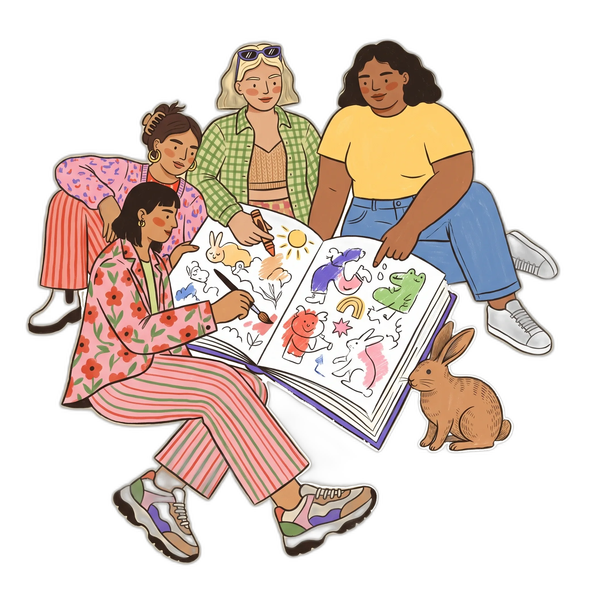 Illustration: a group of young people creating a large colouring book together, a rabbit sitting nearby.