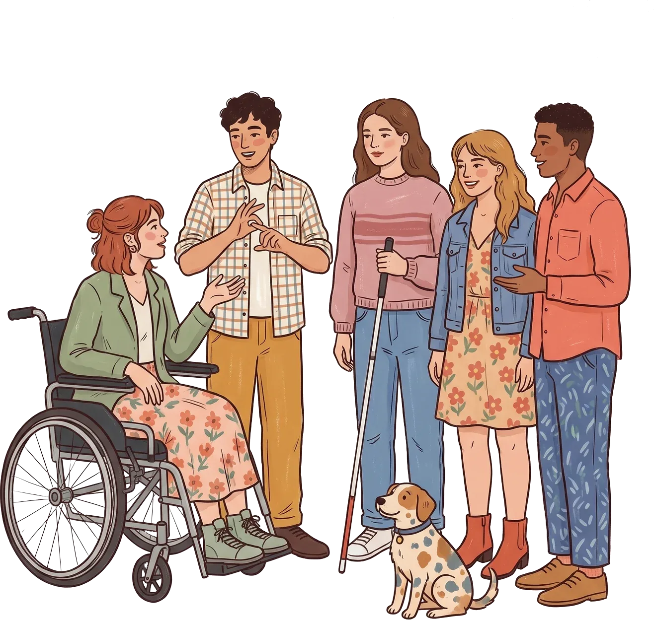 Illustration: Fünf Menschen stehen im Gespräch beisammen, eine Frau im Rollstuhl mittendrin, ein Mann gebärdet, eine Frau hält einen Langstock, ein Hund sitzt davor.